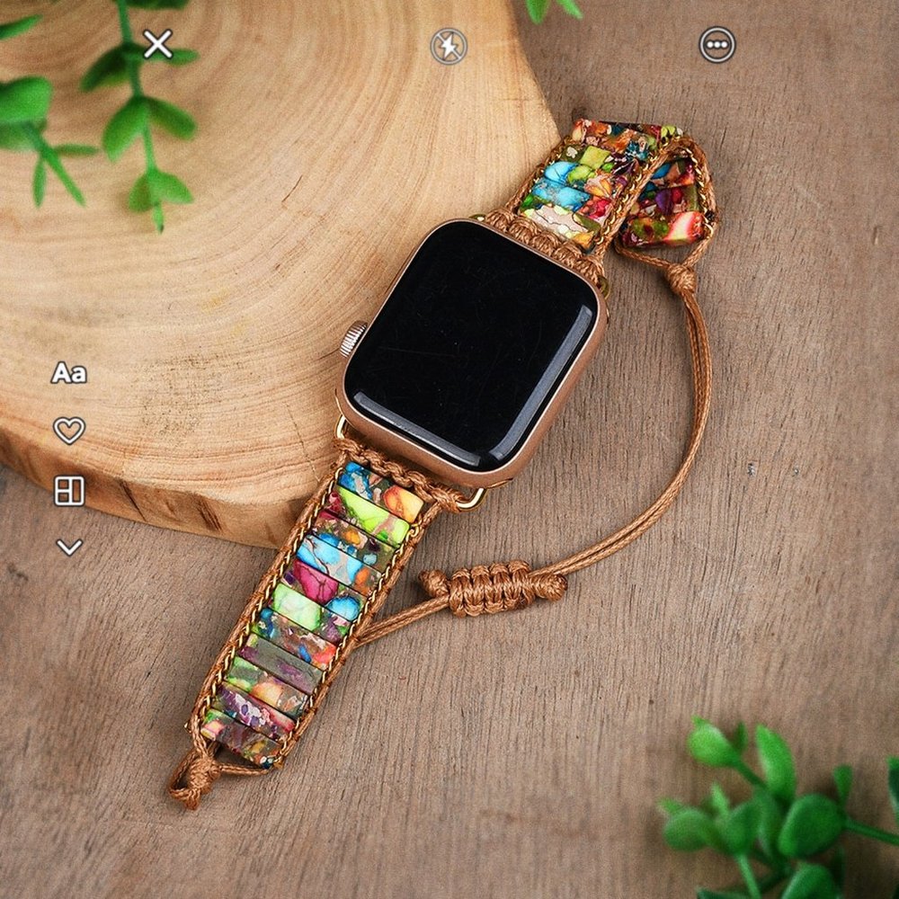 Natural Imperial Jasper Stone Beaded Strap Watch Band for 38 40mm Apple iWatch